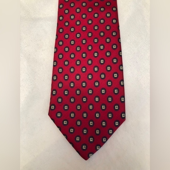 Delvechio Imported Fabric Red Blue Yellow Geometric Print Silk Neck Tie - Picture 11 of 16